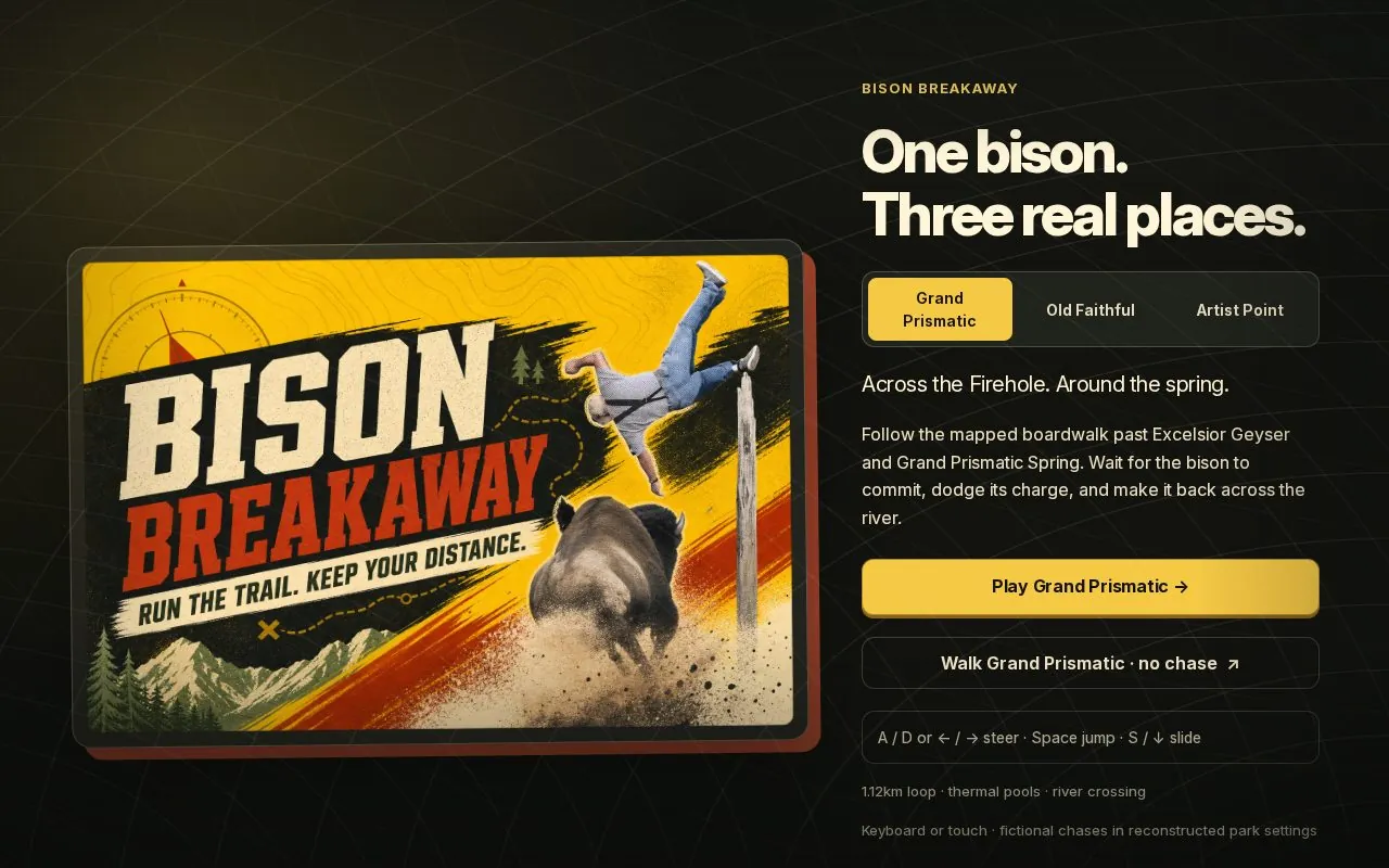 Bison Breakaway's title screen: One bison. Three real places.